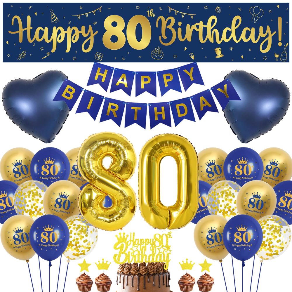 80th Birthday Decorations Men Navy - 47 Pieces Navy Blue Gold 80th Birthday Party Decor, Happy Birthday Banners, Number 80 Balloon, Cake Topper, Love Foil Balloons for Mens 80 Birthday Supplies