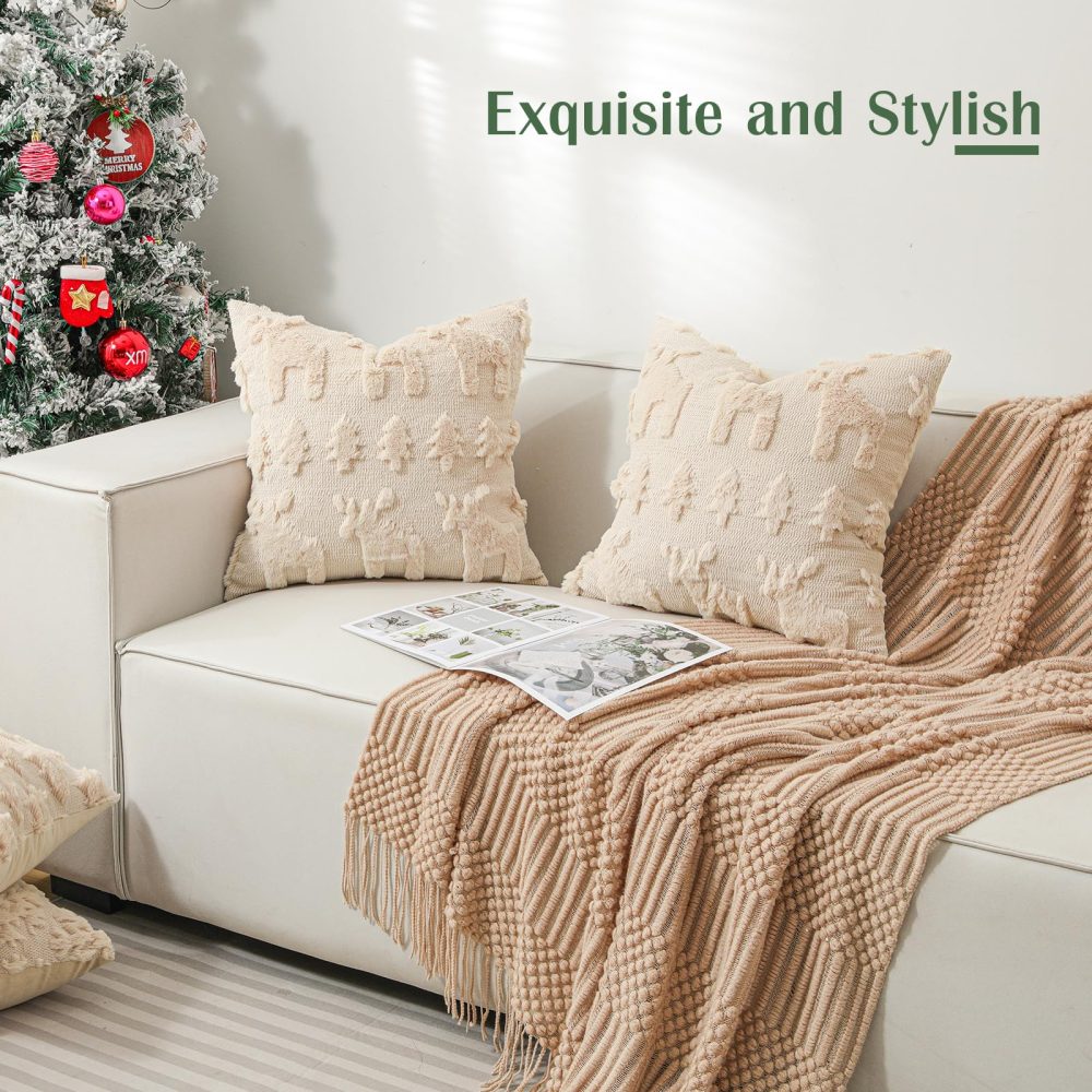 Lewondr Christmas Throw Pillow Cover 18x18, Set of 2 Super Soft Faux Fur Pillow Covers Velvet 3D Christmas Tree Reindeer Embroidery Square Throw Pillowcase for Living Room Bed Sofa Home Decor, Oatmeal - Image 8
