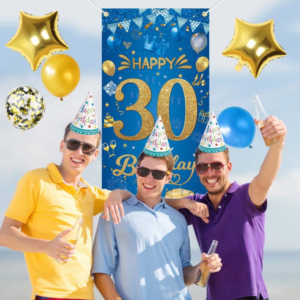 30th Happy Birthday Banner - 30th Birthday Decorations Party Birthday Banner Blue Gold Fabri Birthday Backdrop Door Wall Birthday Decorations for Men Women, 30th Anniversary Birthday Party Supplies - Image 2
