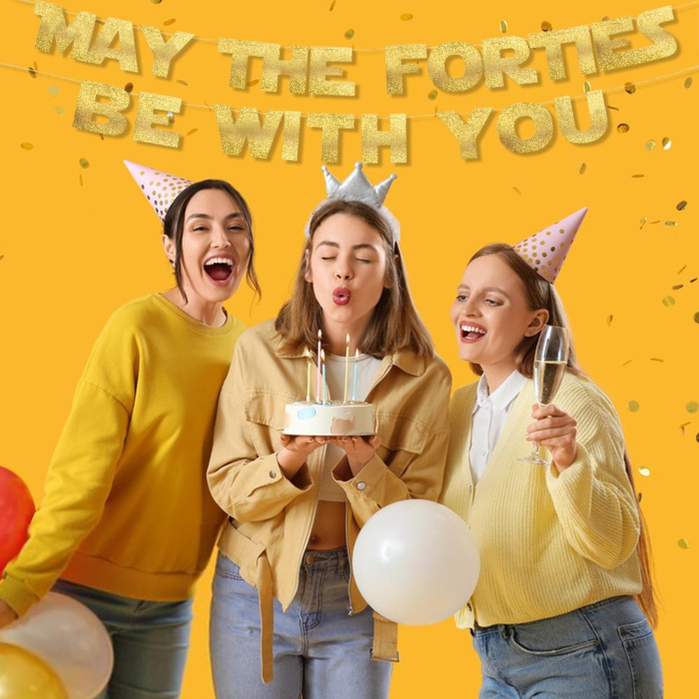 Zercart May The Forties Be With You Gold Glitter Banner，Happy 40th Birthday Party Banner，40th Birthday Party Decoration Supplies，40th Wedding Anniversary Decoration，Milestone Birthday Party Decoration - Image 4