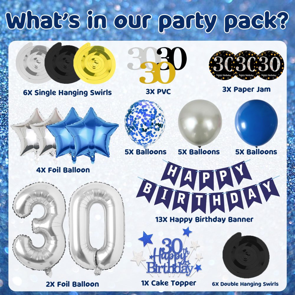 Blue Silver 30th Birthday Decorations - 53 Pieces 30th Birthday Party Decor Happy Birthday Banner Number 30 Foil Balloon Swirl Latex Balloons Cake Topper for Men Women 30th Birthday Party Supplies - Image 7
