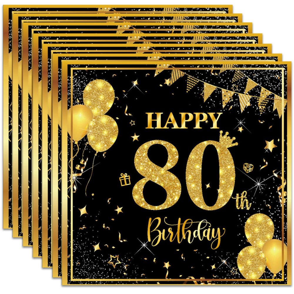 20P Black Gold 80th Birthday Paper Serviettes Napkins,Men Happy 80th Birthday Party Napkins Disposable,Birthday Serviettes Tissue Beverage Luncheon Decorative Paper Napkin for 80th Men,Him Party