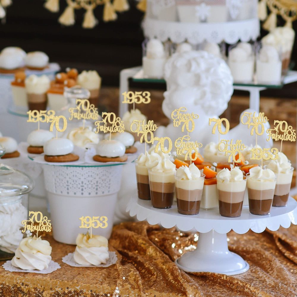Gyufise 30Pcs 70th Birthday Cupcake Toppers 70 Fabulous Cupcake Picks Cheers to 70 1954 Cake Decorations for Happy 70th Birthday Wedding Anniversary Party Decoration Supplies Gold - Image 4