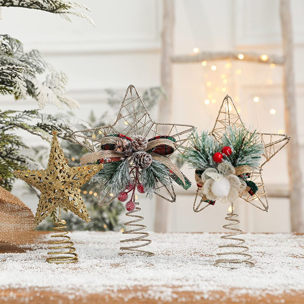 HANTURE Christmas Tree Topper Star Metal Glitter Star Tree Topper with Red Berries and Pine Branches Rustic Natural Treetop Ornaments for Home Shop Holiday tree Decor1 - Image 5
