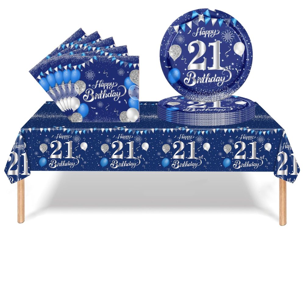 Navy Blue Silvery 21st Birthday Party Tableware,Blue 21st Birthday Tableware Set with 16P Paper Plates,20P Napkins,21th Table Cloth for Women Men Birthday Party Table Decorations（16Guest）