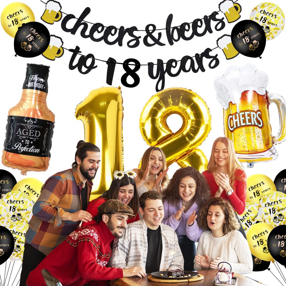 18th Birthday Decorations for Boys, 18th Happy Birthday Decoration Kit with Cheer Banner, Number 18 Foil Balloons, Sign 18th Black Gold Balloons Confetti Balloons for Party Supplies Girls Men - Image 2