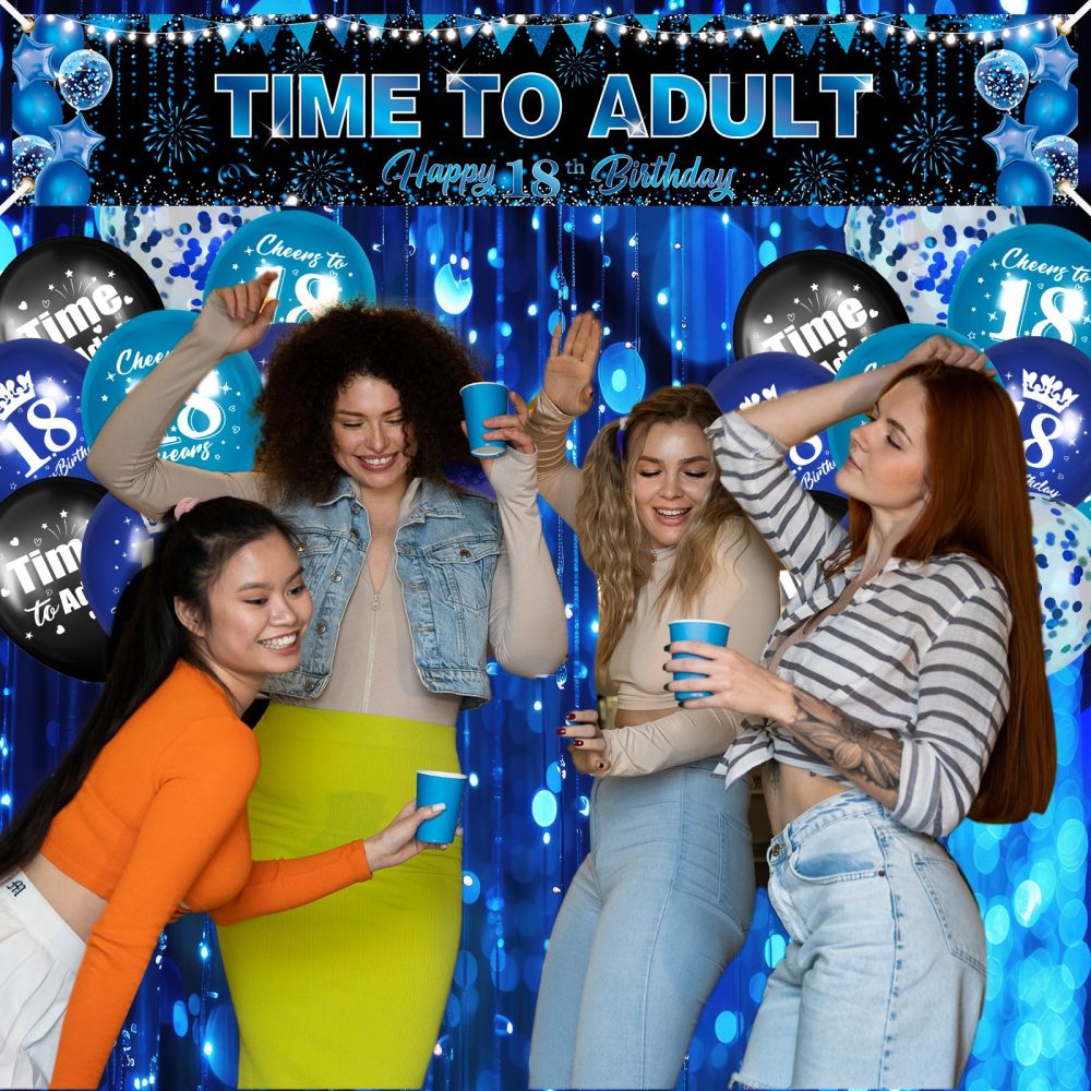 18th Birthday Party Decorations for Boys Girls Blue Black Time To Adult Happy 18th Birthday Banner and 20pcs Happy 18th Birthday Balloons Blue Black 18th Birthday Yard Sign Party Supplies - Image 5