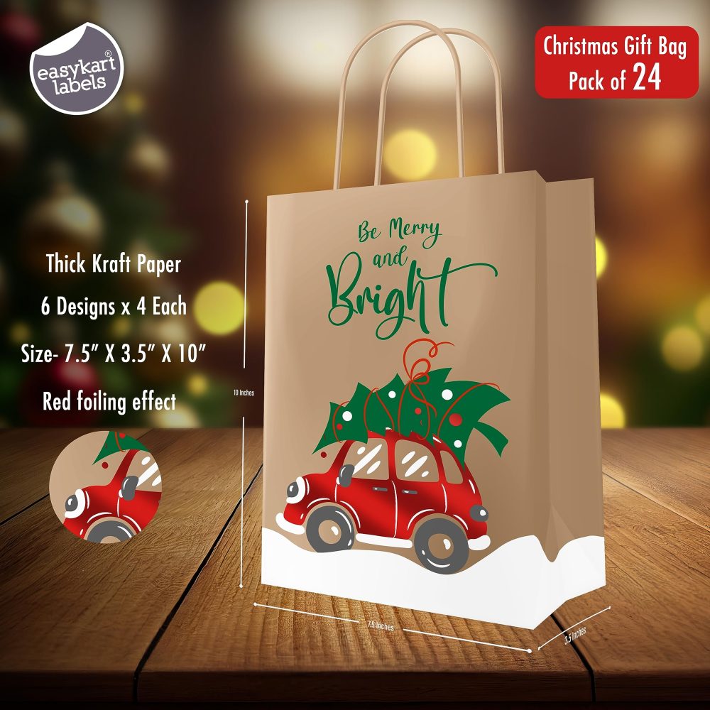 easykart labels 24 Christmas Kraft Gift Bags with Red Foiling for Holiday Paper Gift Bags, Christmas Goody Bags, Xmas Gift Bags, Classrooms and Party Favors (9 x 7.3 x 3.3) - Image 7