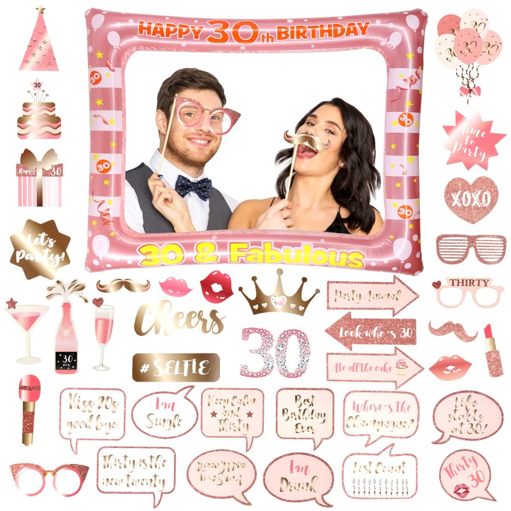 Newthinking 30th Birthday Photo Booth Props, Rose Gold Inflatable Selfie Frame Funny DIY Birthday Party Props for 30th Birthday Party Supplies Decoration