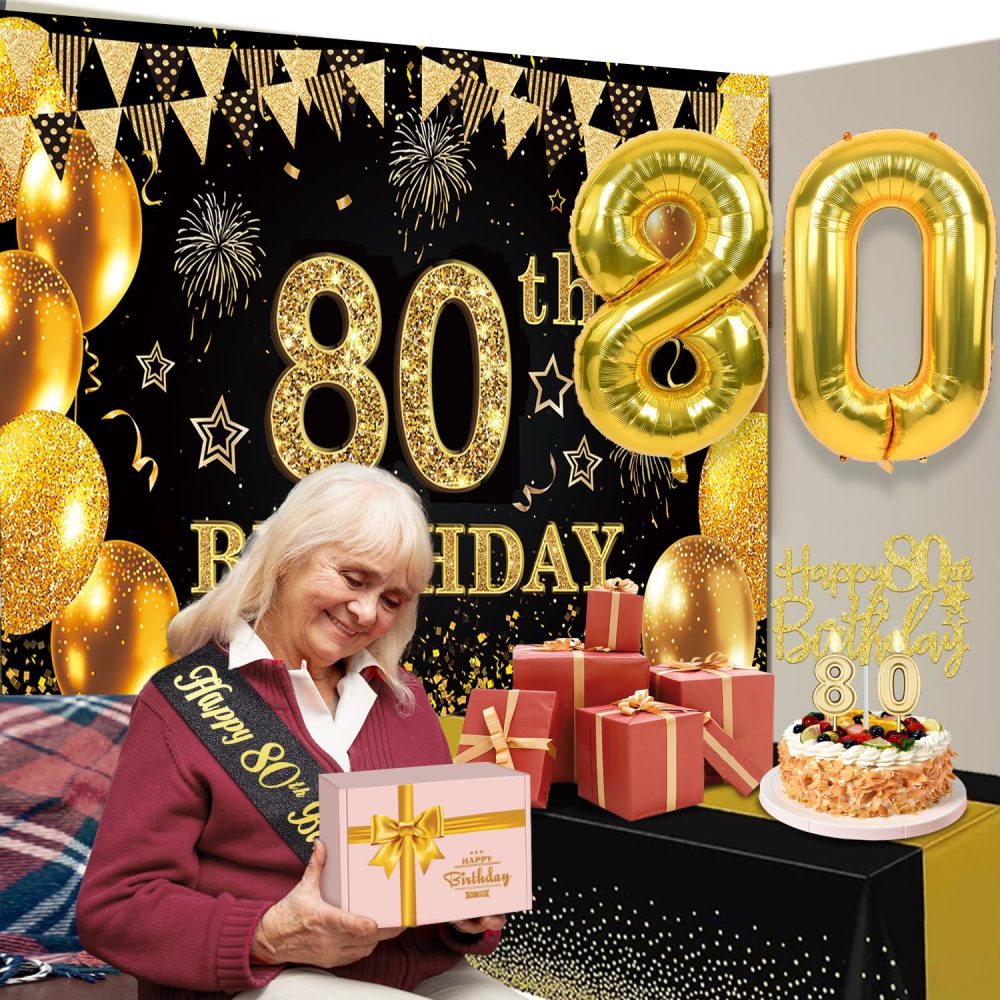 80th Birthday Decorations Men Women, 80th Birthday Banner, Black and Gold Table Cloth, 80 Number Balloons, 80th Birthday Sash, Birthday Cake Topper and 80 Candles, 80th Birthday Gifts Men Women - Image 4