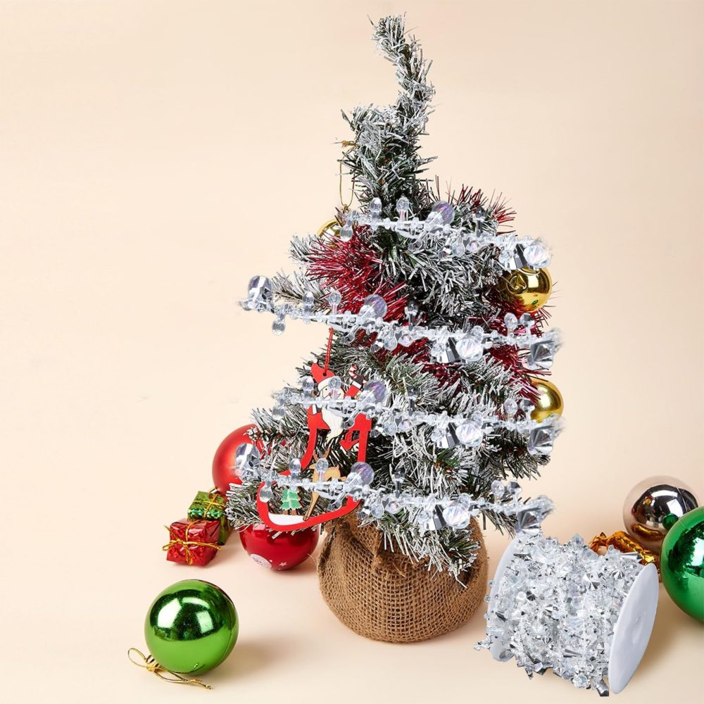 5M Crystal Christmas Garland, Christmas Tree Crystal Garland Xmas Crystal Ornament Silver Christmas Tree Decorations Twist Beads Christmas Tree Garland String Christmas Party Decorations Home Decor - Image 5