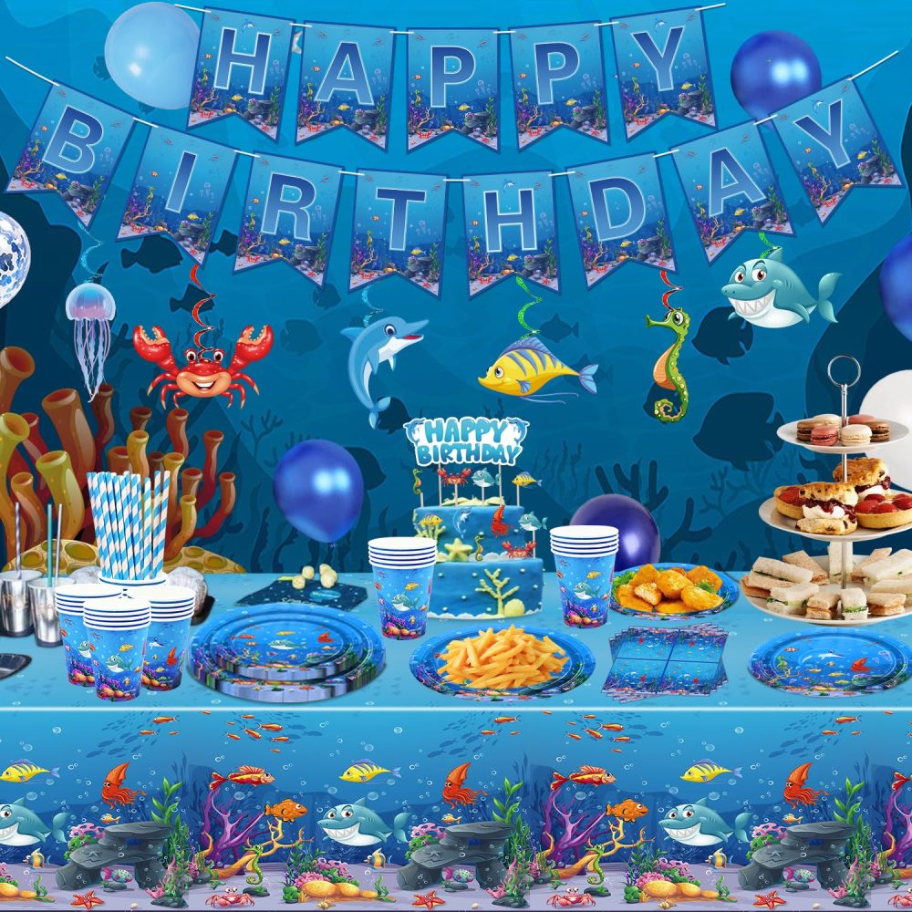 188 Pack Under the Sea Party Supplies Ocean Sea Party Tableware Set - Plates Cups Napkins Tablecloth Banner Balloons Cake Toppers for Underwater World Summer Beach Birthday Party Decorations Serves 20 - Image 3