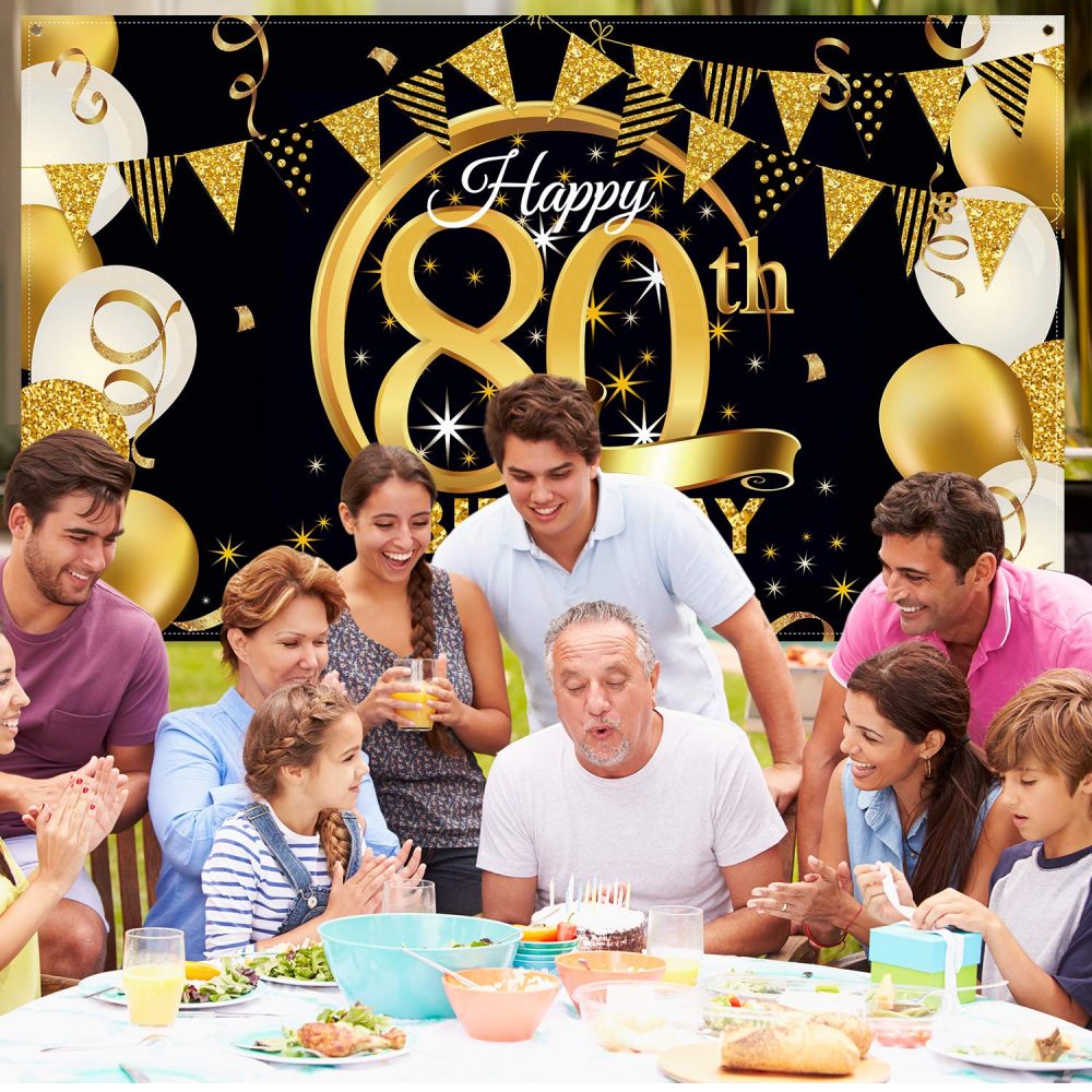 Birthday Party Decoration Extra Large Fabric Black Gold Sign Poster for Anniversary Photo Booth Backdrop Background Banner, Birthday Party Supplies, 72.8 x 43.3 Inch (80th) - Image 4