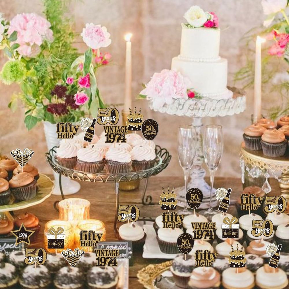 SYKYCTCY 36 Pack Vintage 1974 Cupcake Toppers cheers to 50th Birthday Cupcake Picks Hello Fifty Birthday Cupcake Decorations for Happy 50th Birthday Wedding Anniversary Party Supplies - Image 4