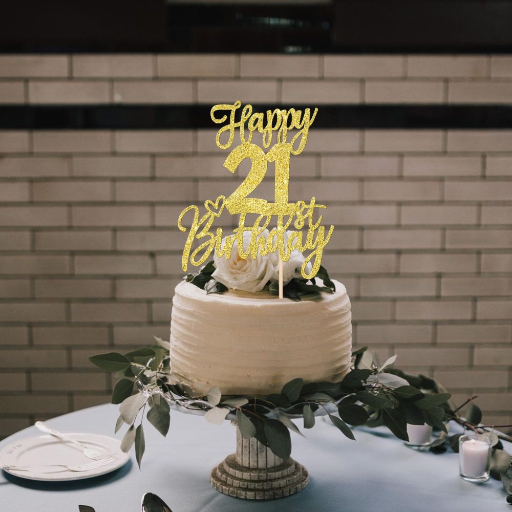 SYKYCTCY 1 Pack Happy 21st Birthday Cake Topper Gold Glitter Cheers to 21 Years Birthday Cake Pick 21 Fabulous Cake Decoration for Happy Birthday Theme Anniversary Party Supplies - Image 2