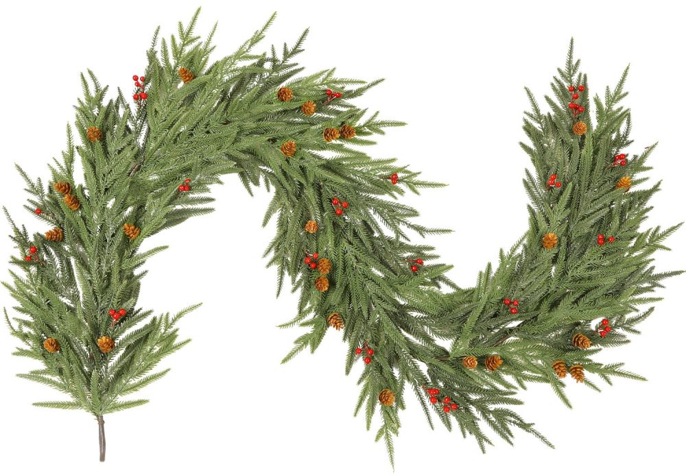SHareconn 6FT Realistic Christmas Garland with Red Berries and Pine Cones, PE Artificial Christmas Garland, Real Touch Mantle Stairs Fireplace Xmas Decorations/Indoor Outdoor Christmas Decor