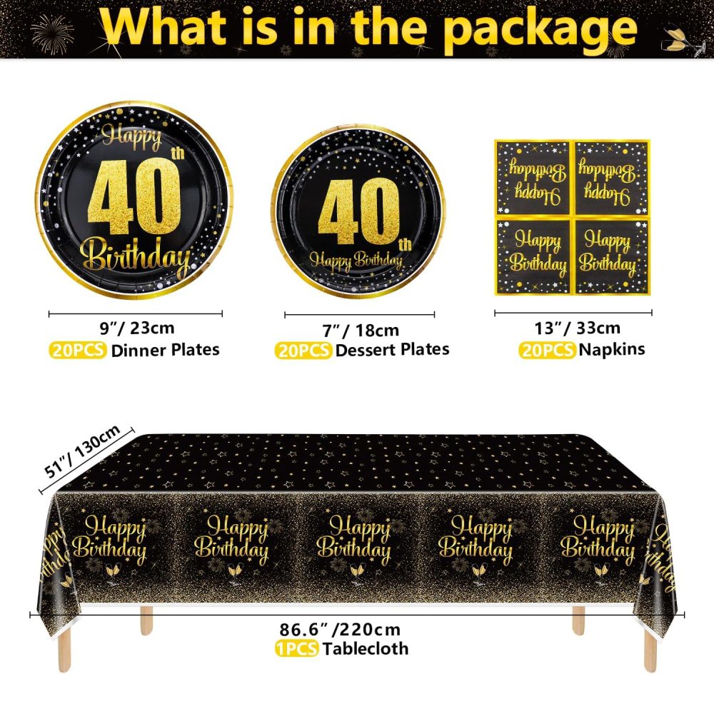 40th Birthday Decorations for Women and Men - 61Pcs Plates Napkins 40th Tablecloth Black and Gold Party Decorations Serve 20 - Image 7