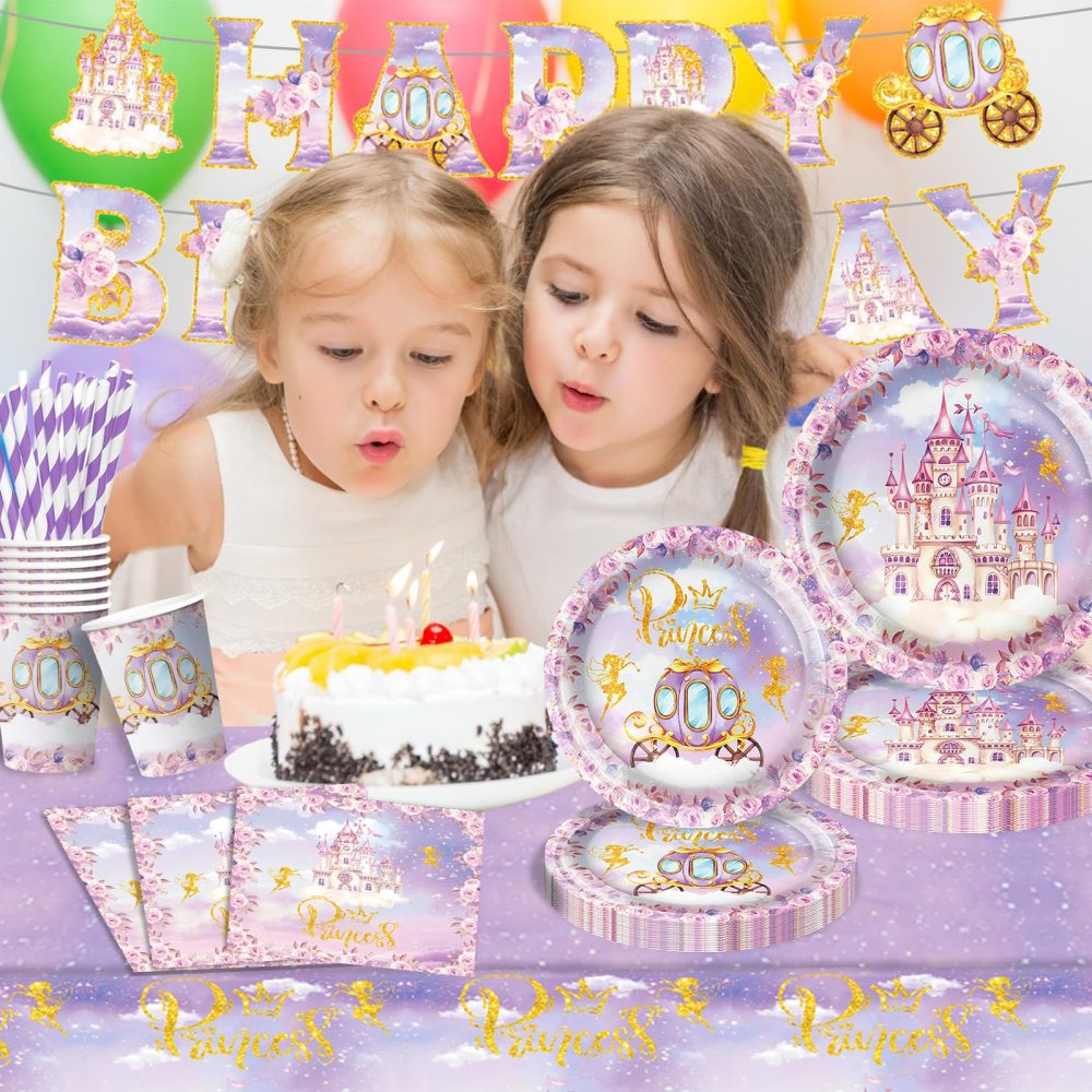 Princess Birthday Party Supplies Plates and Napkins Set for Girl, Purple Princess Castle Birthday Tableware Tablecloth for Girls Fairytale Princess Castle Theme Party Decorations, Serve 16 Guest - Image 6