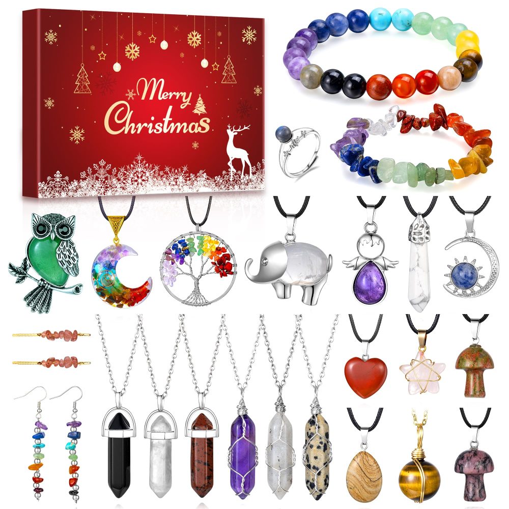 Crystal Jewellery Advent Calendar 2024 For Women Teen Girls, 24 Surprises With Necklace Bracelets Earrings Ring, Natural Crystal Advent Calendar 2024 For Wife Mother Girlfriend Daughter Granddaughter