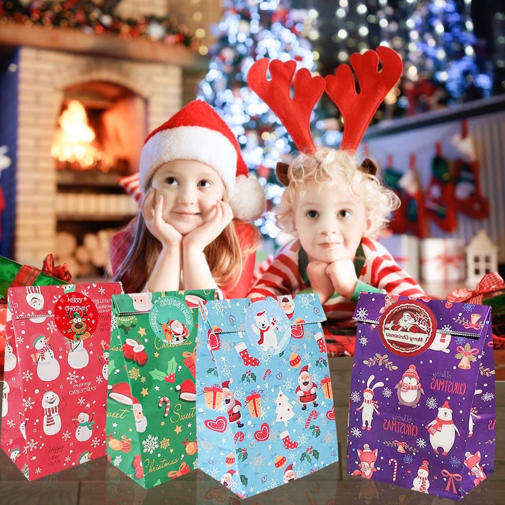 30 Pcs Christmas Paper Bags,Flat Bottom Party Bags,6 Christmas Elements Themed Design with 30 Pcs Stickers for Xmas Party, Birthday and Classroom - Image 2