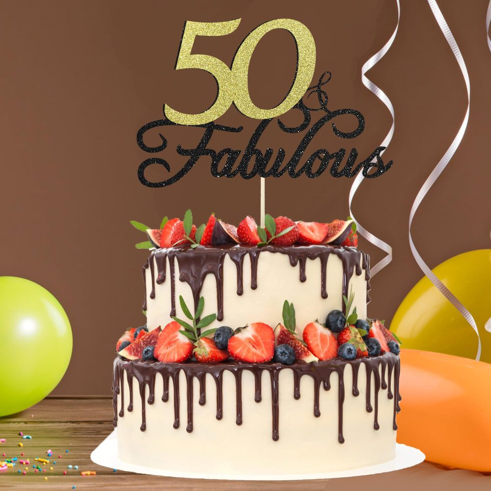 50 & Fabulous Birthday Cake Topper, Siipoo Black Gold Glitter Cake Topper for 50th Happy Birthday Anniversary Engagements Party Decoration Supplies - Image 3