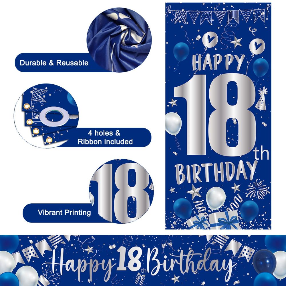 18th Birthday Decorations for Boys Girls Blue and Silver Happy 18th Birthday Banner 18th Birthday Balloons Happy Birthday Backdrop Door Banner Triangle Flag Confetti Balloons 18th Party Supplies - Image 2