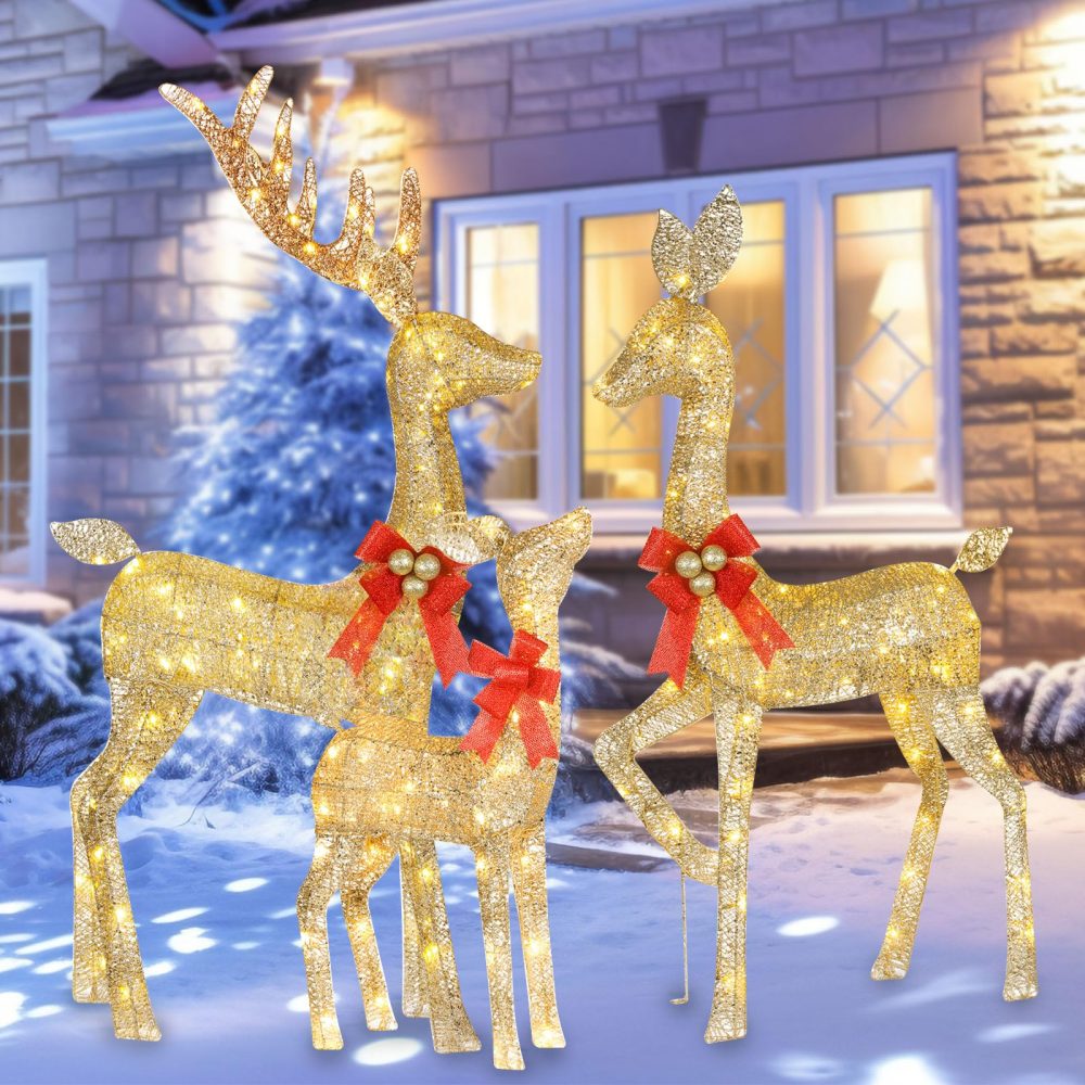 HOYECHI Lighted Christmas Decoration Deer 3 Piece, Light up Christmas Decor Reindeer Family Set for Indoor Outdoor Front Yard Porch with LED Lights, Plug, Extension Cord, Ground Stakes - Gold - Image 3