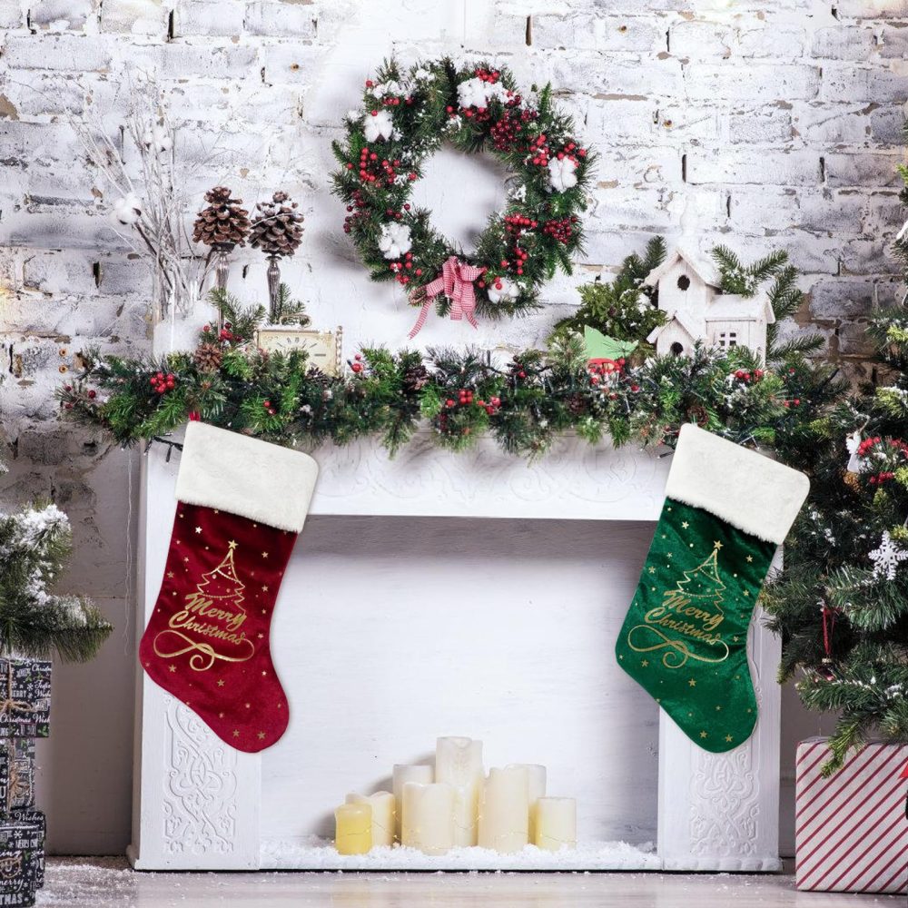 Christmas Stocking Set,Velvet Christmas Stockings,Red Green Velvet Stocking,Embroidered Patterned Large Xmas Stockings,Hanging Stockings Ornamemts for Family Christmas Holiday Party Decorations - Image 3