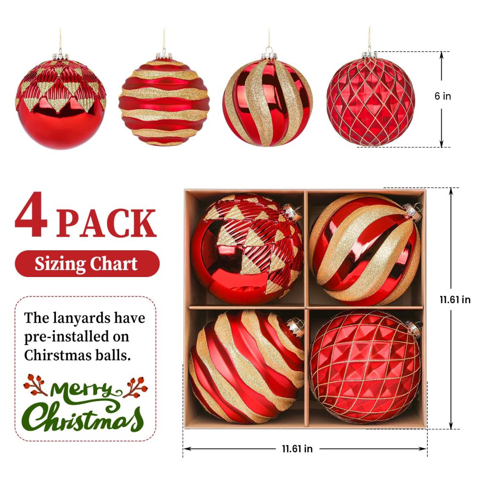 Alupssuc 4Pcs Christmas Tree Decorations, Shatterproof Christmas Hanging Balls Set with Hooks for X-mas Party Wedding Holiday, Red & Gold - Image 6