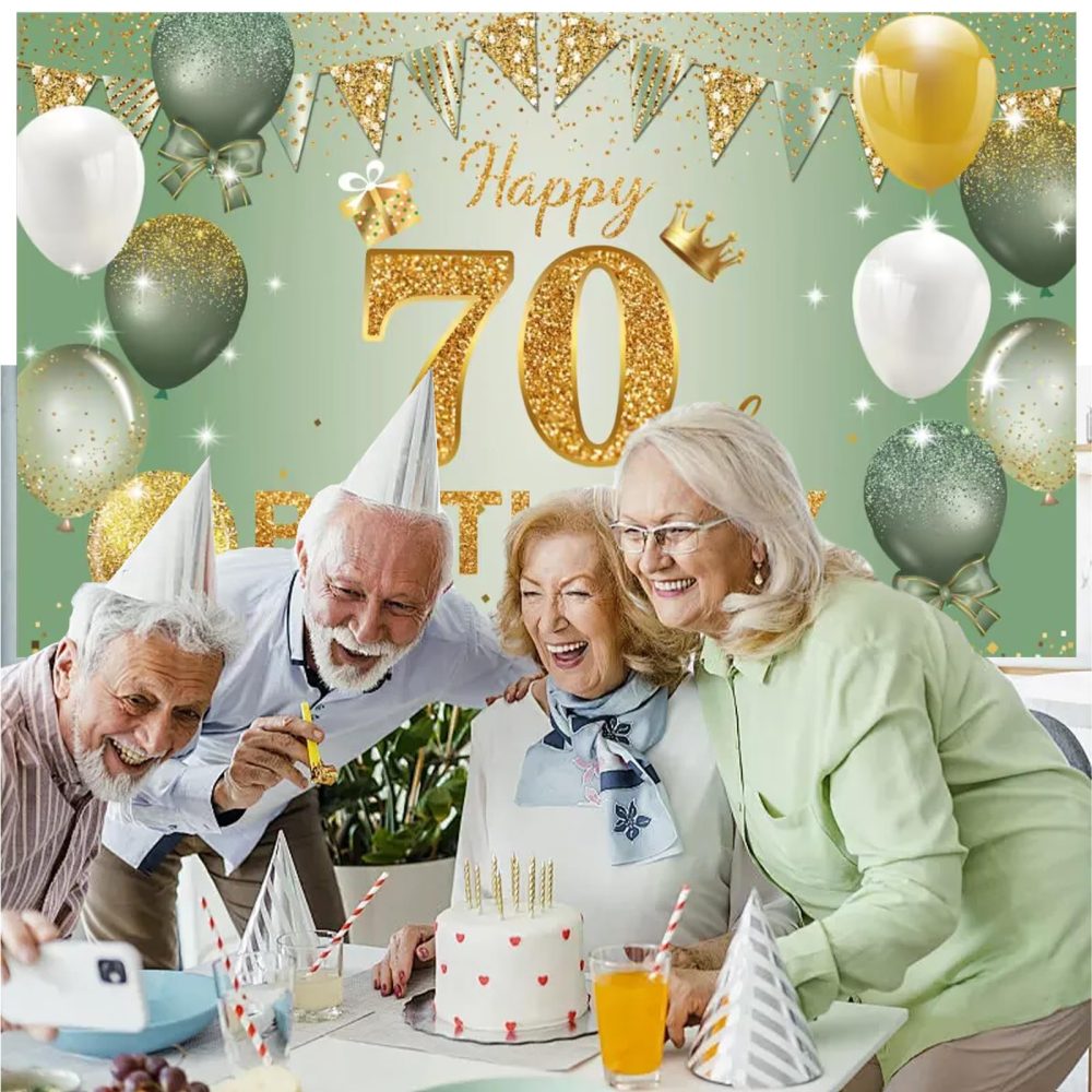 Moorle 70th Birthday Banner Decorations, Large Sage Green Gold Happy 70th Birthday Banner, 70th Birthday Backdrop Banner for Women Men, Shiny 70th Birthday Anniversary Photo Booth Background 180×110cm - Image 3