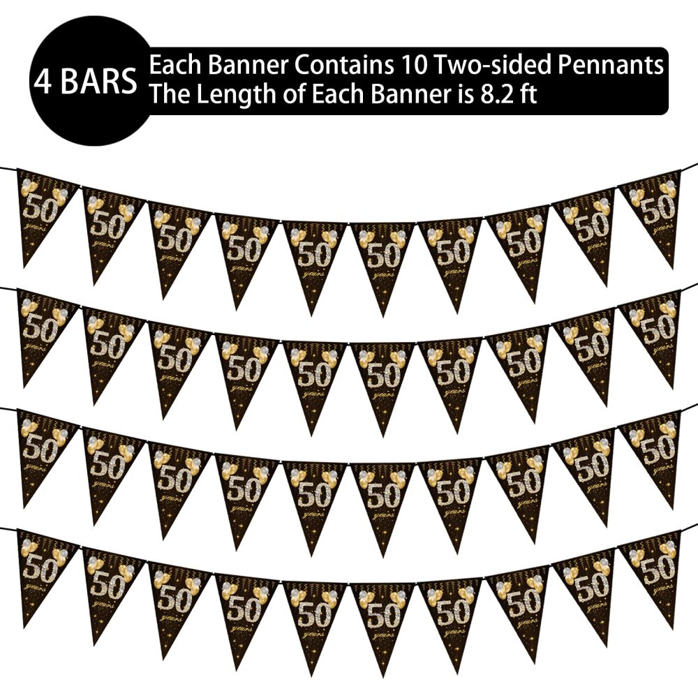 50th birthday bunting, Happy Banner Bunting Flags, 40 Pieces Triangle Gold Black Glitter Diamond by Numbers 50th Birthday Anniversary Theme Party Decoration Supplies - Image 5