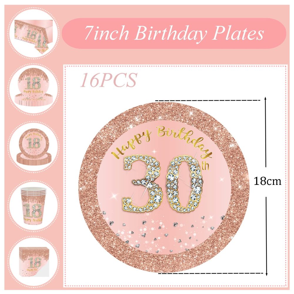 16pcs Rose Gold 30th Birthday Paper Plates 7inch 30th Party Table Decor,30th Women Birthday Party Paper Plates 7" Tableware,Happy 30th Birthday Tableware Plate for Her,Women,30th Party Supplies - Image 4