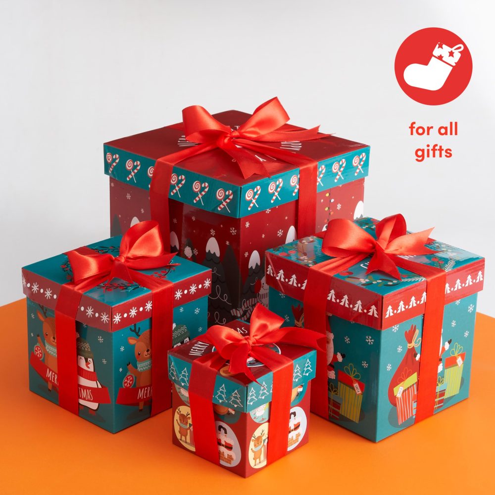 The Twiddlers - 8 Christmas Cardboard Gift Boxes with Ribbon for Presents Xmas Party Box - 4 Different Sizes and Assorted Designs - Image 4