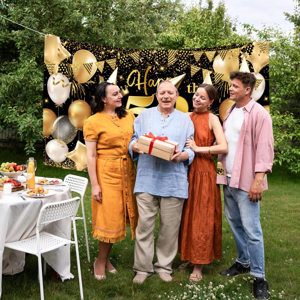 Zercart 50th Birthday Banner, Black and Gold Happy 50th Birthday Backdrop Banner,50th Birthday Party Decorations Banner for Men Women Birthday Anniversary Party Supplies (180x110cm) - Image 2