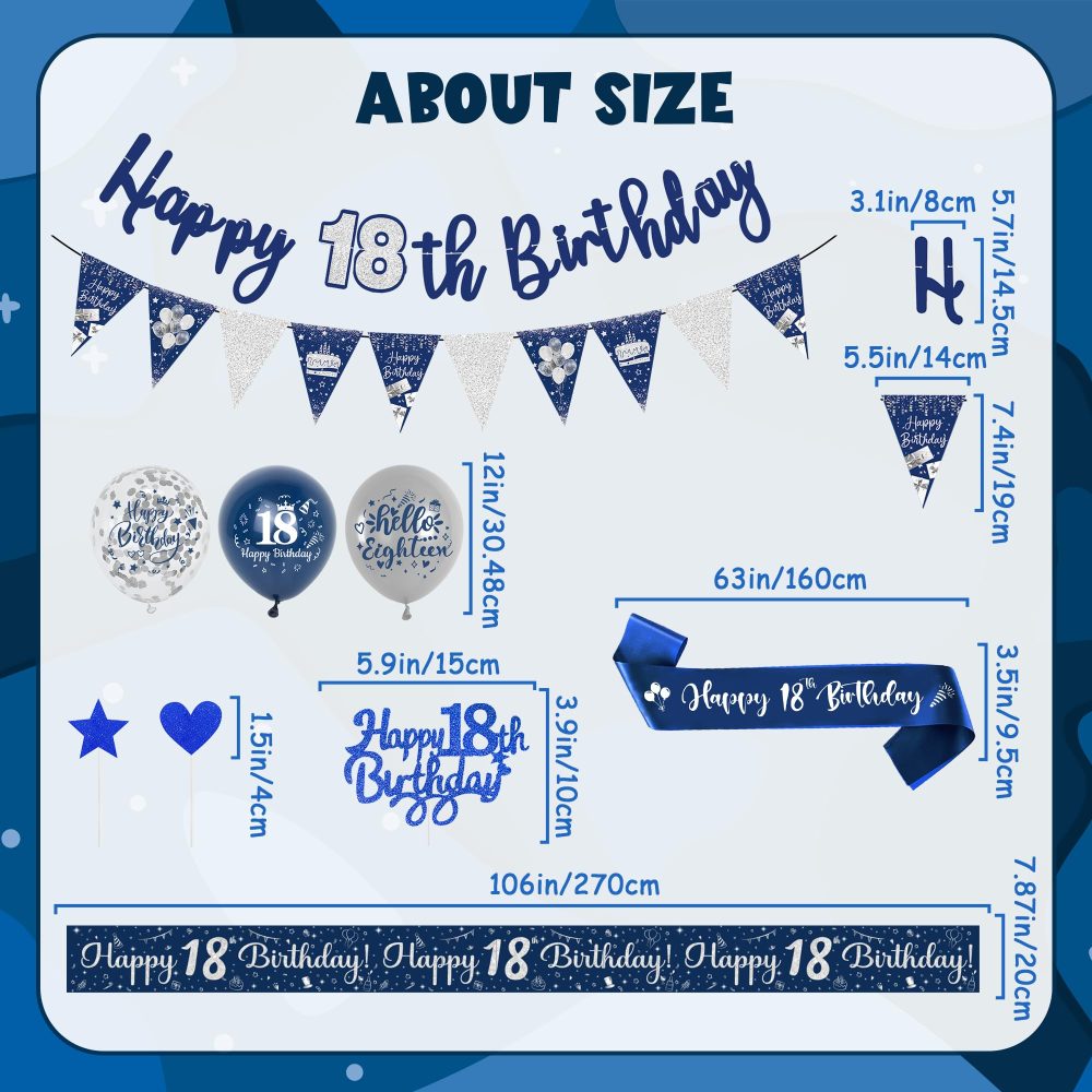 18th Birthday Decorations Boys Girls - 39Pcs Blue Silver Happy 18th Birthday Banner Set With Bunting Banners Sash 18th Latex Balloons Blue Cake Toppers for 18 Years Birthday Party Supplies - Image 6