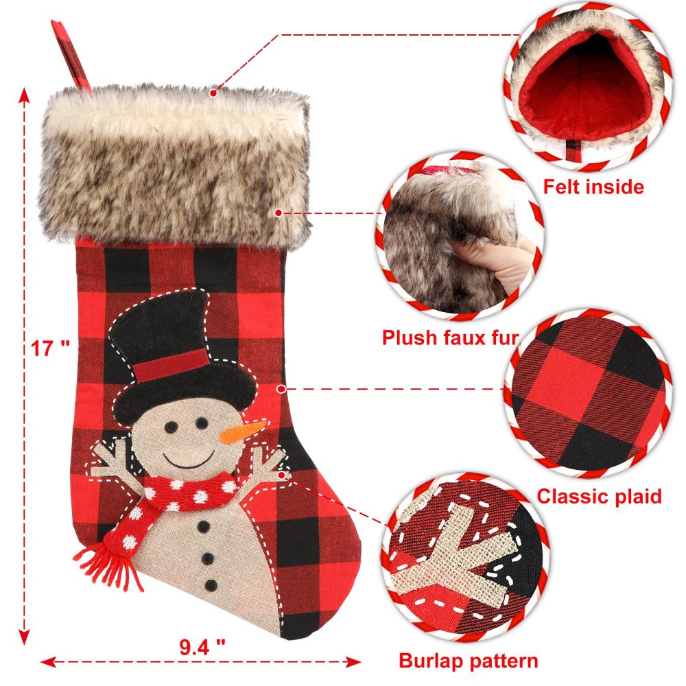GUDELAK Christmas Stocking Set of 3, 46CM Large Christmas Stockings,18 inch Buffalo Plaid Xmas Stockings with Snowman,Reindeer,Santa Claus Patterns Fireplace Christmas Decorations - Image 7