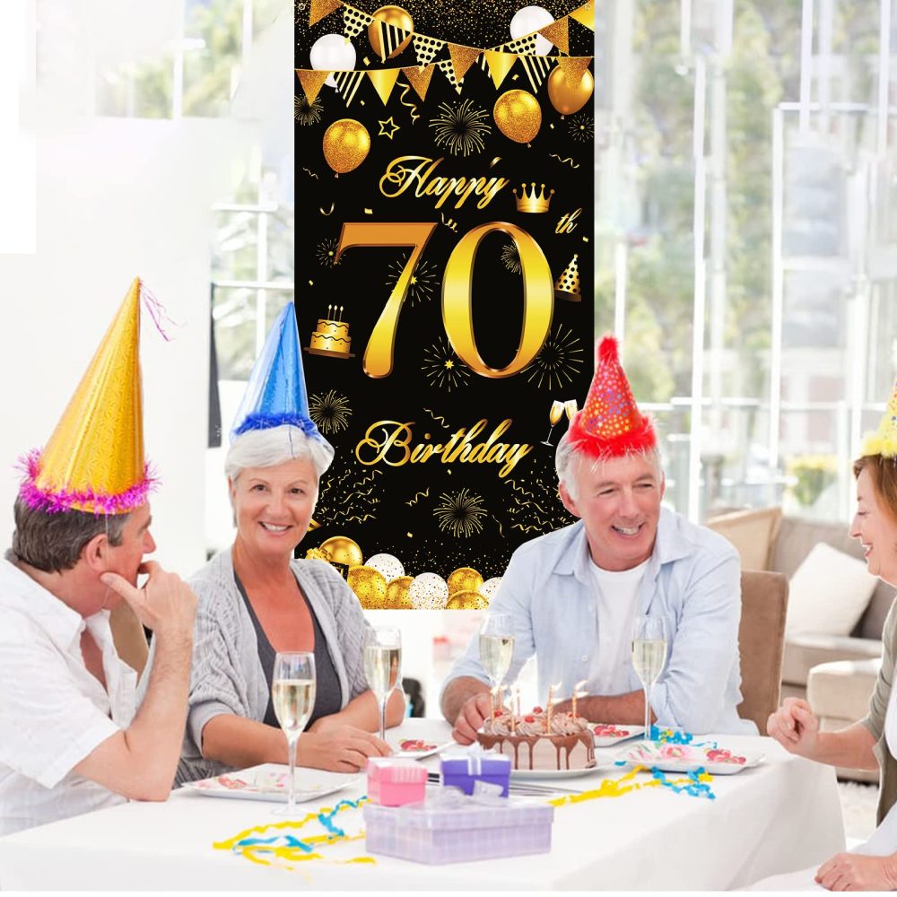 70th Birthday Decorations Banner, Black Gold Happy 70th Birthday Party Door Banner, 70th Birthday Photo Backdrop Photography Background for Men Women Birthday Party Door Wall Decoration 72.8×35.4 inch - Image 3