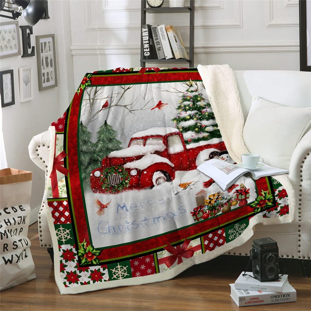 DJY Red Truck Throw Blanket Christmas Tree Snowman Printed Fleece Blanket Soft Warm Microfiber Solid Blanket for Bed, Couch and Travel 130x150cm