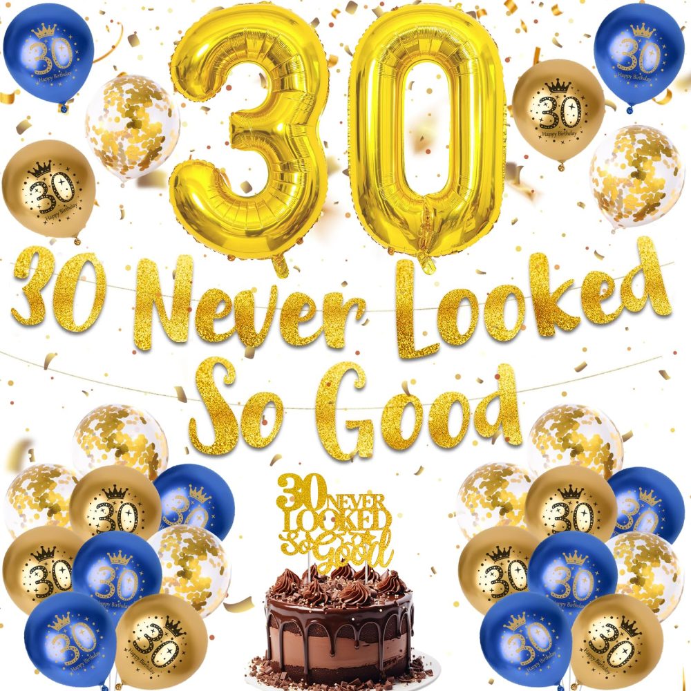 30th Birthday Decorations Men, 30th Birthday Decorations Blue Gold 30th Birthday Balloons, 30th Birthday Party Decorations for Him, Happy 30th Banner Confetti Balloons for 30 Birthday Party Supplies