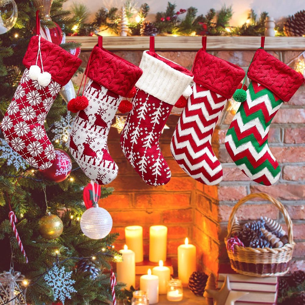 Christmas Stocking,Personalised Classic Stocking Tree Decorations Large Knit Knitted Xmas Stocking for Kids Family, Rustic Farmhouse Fireplace Hanging Ornament Christmas Holiday Party Decoration (A) - Image 3