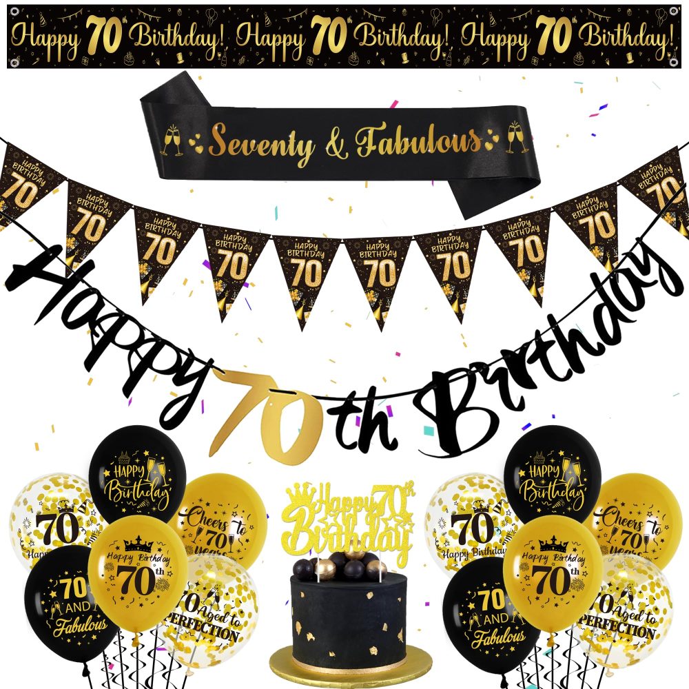 70th Birthday Decorations for Men - Black and Gold Party Balloon Banner Decor Set with 70th Birthday Yard Banners Confetti Latex Balloons Happy Birthday Cake Topper for Men 70 Years Old Party Supplies