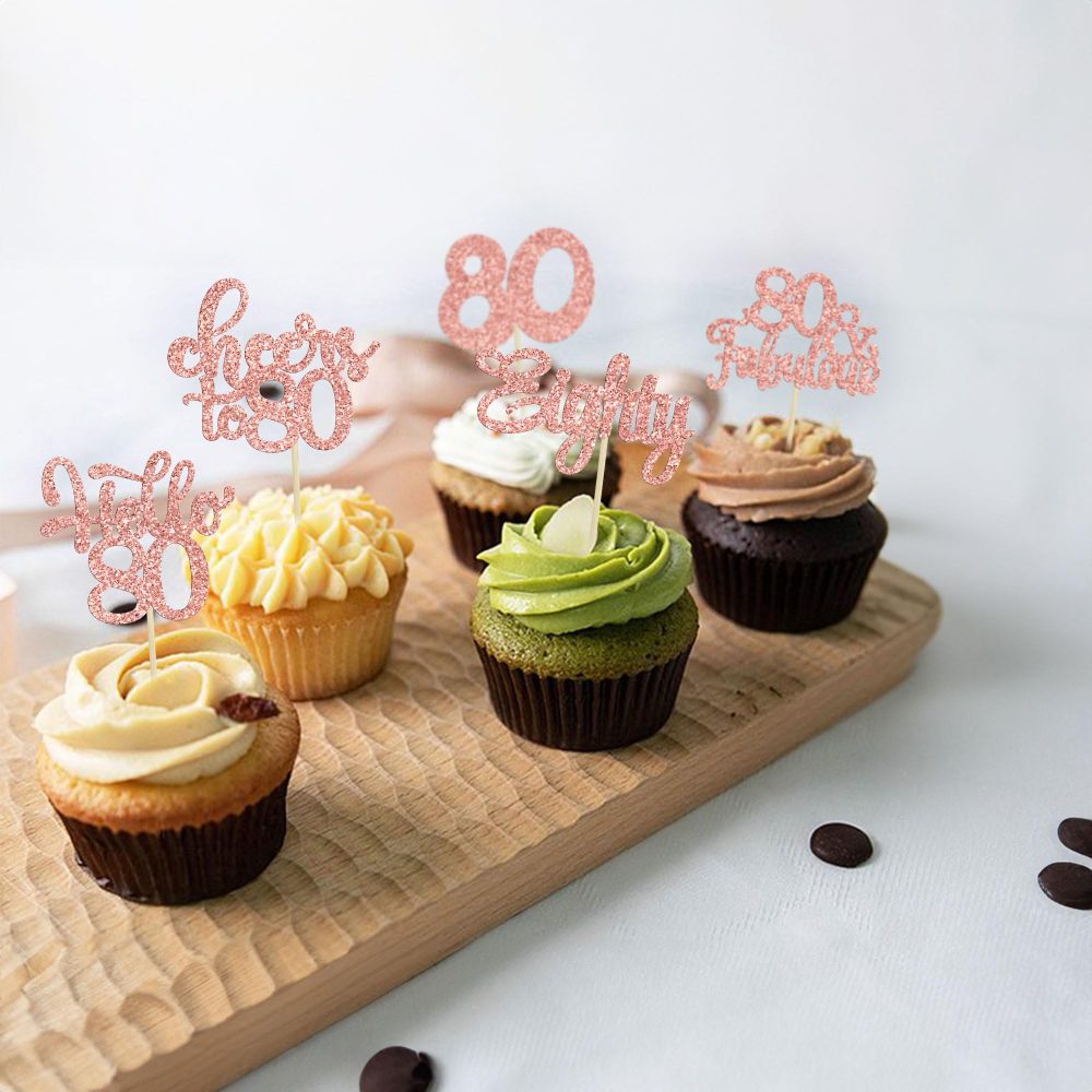 30Pcs Happy 80th Birthday Cupcake Toppers Eighty Cheers to 80 Years Old Birthday Cupcake Picks for Happy 80th Birthday Anniversary Party Cake Decorations Rose Gold Glitter - Image 3