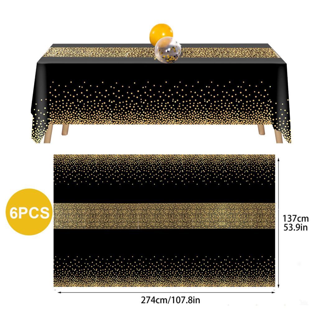FUYOAL 6 Pieces Black and Gold Table Cloth, Disposable Party Table Cloth Plastic Tablecloth Dot Confetti Party Table Cover for Picnic Baby Shower Halloween Christmas(54" x 108") - Image 7