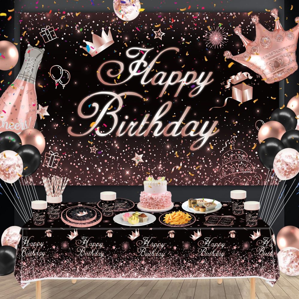153 PCS Black and Rose Gold Party Decoration Black Rose Gold Dinnerware Set Rose Gold & Black Party Supplies Rose Gold and Black Birthday Party Set-Plates, Backdrop, Balloons, Tablecloth Serves 20 - Image 9