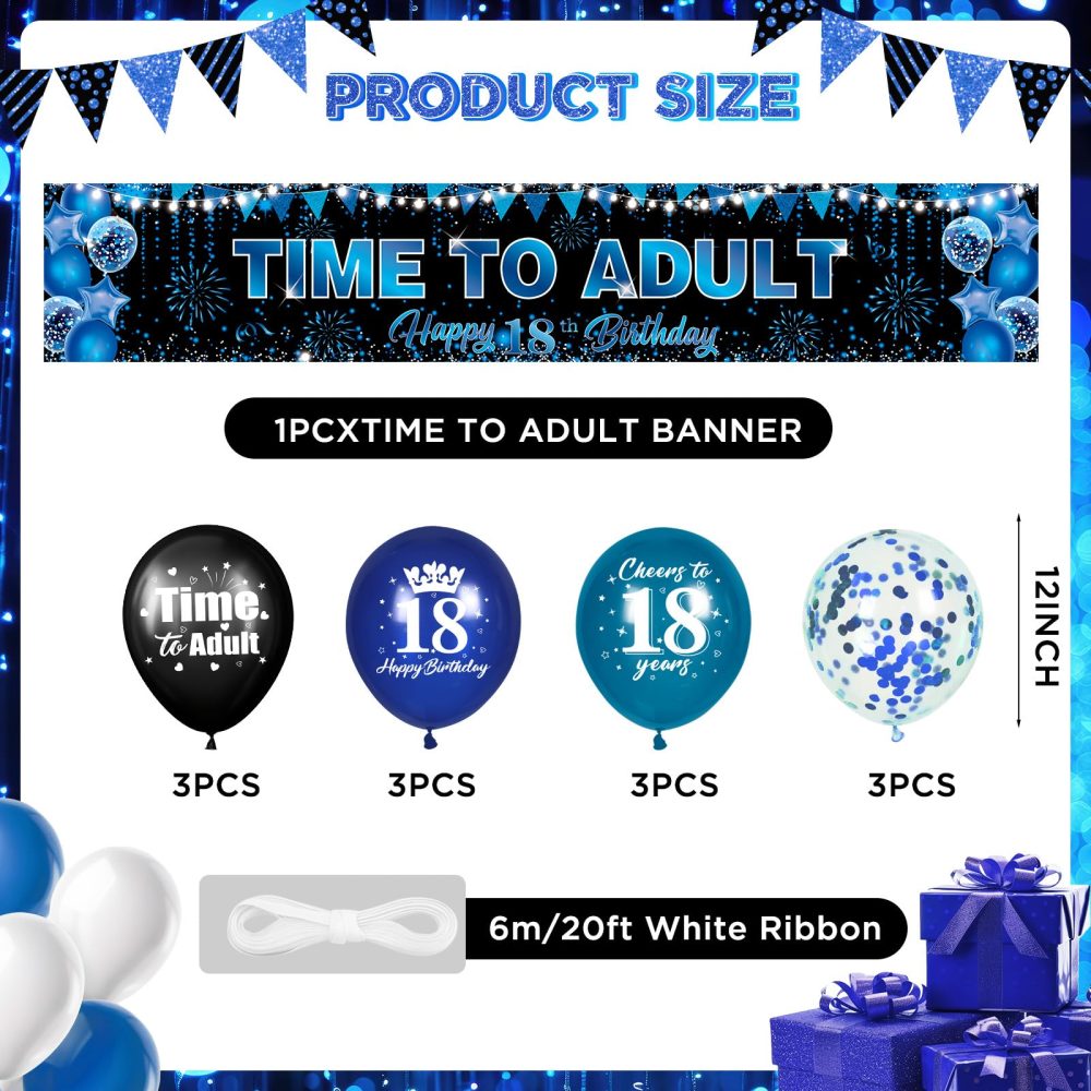 18th Birthday Party Decorations for Boys Girls Blue Black Time To Adult Happy 18th Birthday Banner and 20pcs Happy 18th Birthday Balloons Blue Black 18th Birthday Yard Sign Party Supplies - Image 6