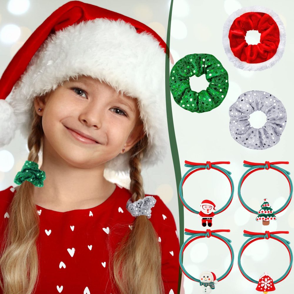 18 Pcs Christmas Hair Accessories for Girls Christmas Hair Clips Sequin Hair Scrunchies Kids Bows Red Hair Clips Hair Ties Snap Barrettes Glitter Elastic Hair Bands Ponytail Holder for Women Girls - Image 5