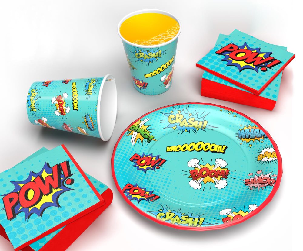 Eco-Friendly Super Hero Themed Kids Birthday Party Kit for 8 Guests - Complete Tableware Set with Plates, Cups, Napkins, and Table Cover - Ultimate Party Supplies and Decorations Package