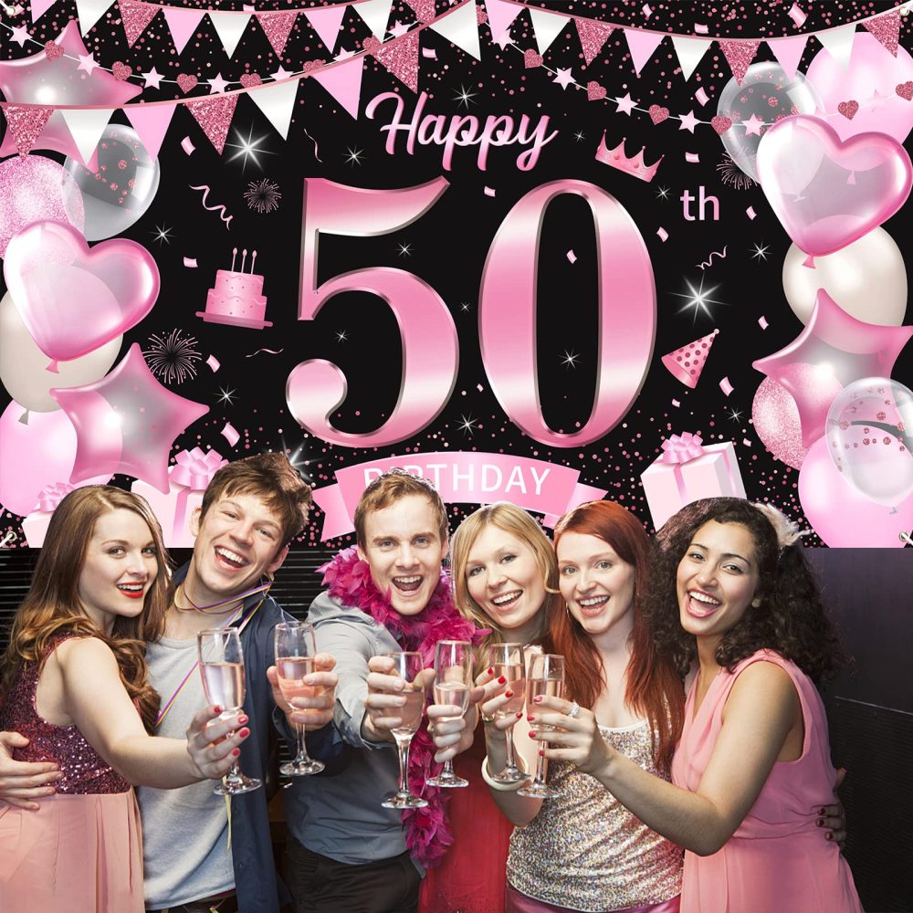 50th Birthday Decorations for Women, Large Happy 50th Birthday Banners Backdrop for Her, Black Pink 50th Birthday Party Background Banner Poster for Outdoor Home Garden Wall Photography Decor Supplies - Image 5