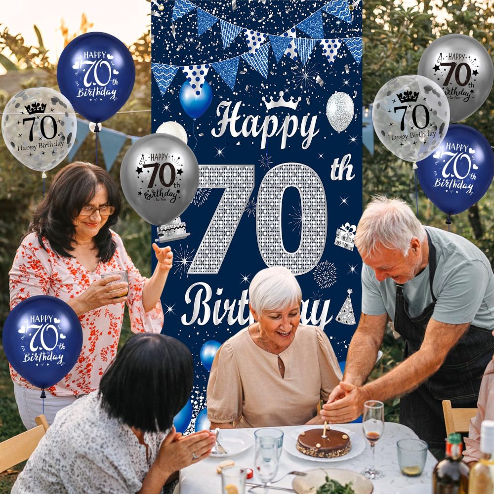 RUMIA Blue 70th Birthday Decorations for Men Navy Blue Silver Happy 70th Birthday Door Banner Cover and 18Pcs Blue Silver 70th Birthday Balloons for Men Women 70th Birthday Party Decor - Image 3