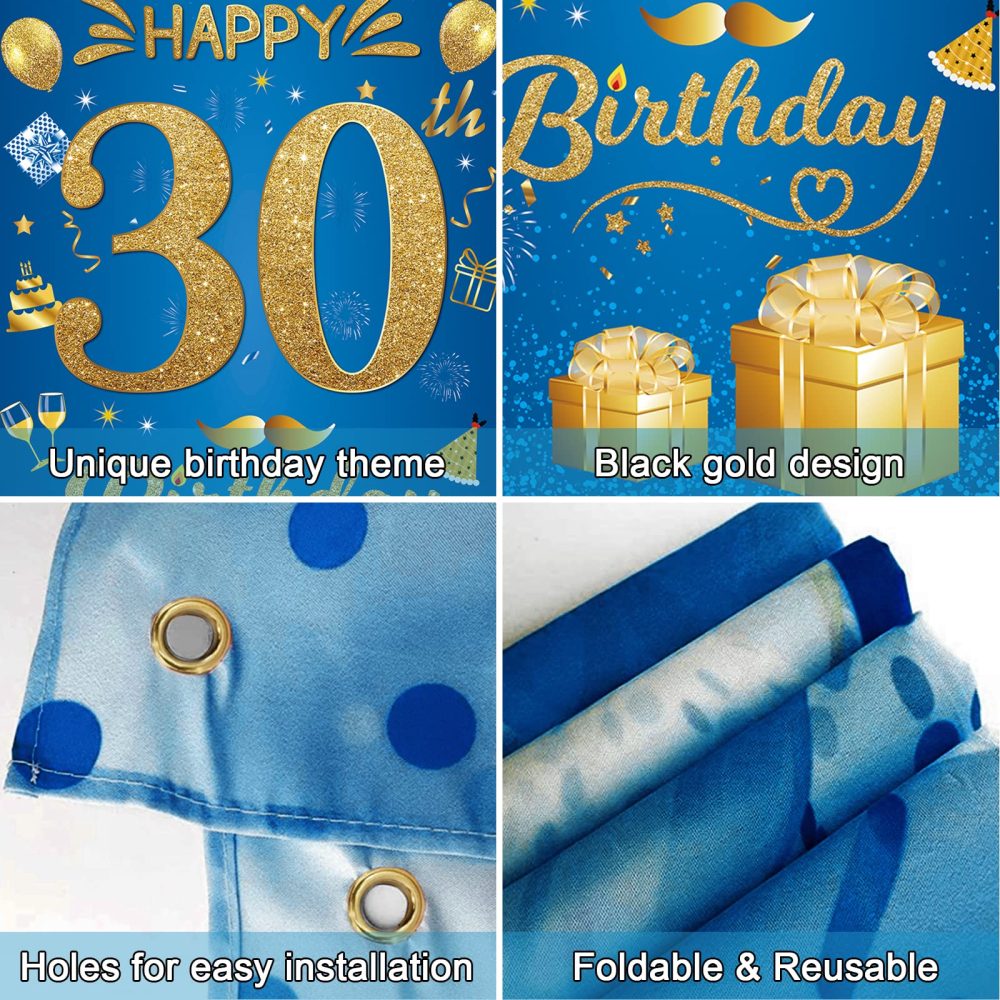 30th Happy Birthday Banner - 30th Birthday Decorations Party Birthday Banner Blue Gold Fabri Birthday Backdrop Door Wall Birthday Decorations for Men Women, 30th Anniversary Birthday Party Supplies - Image 6